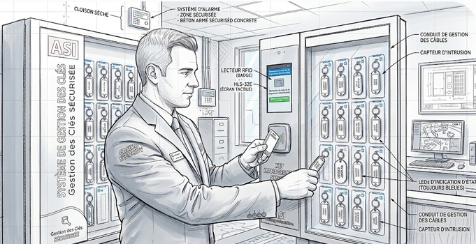 Agent de sécurité de casino utilisant un badge RFID sur une armoire électronique de gestion des clés ASI dans un bureau sécurisé