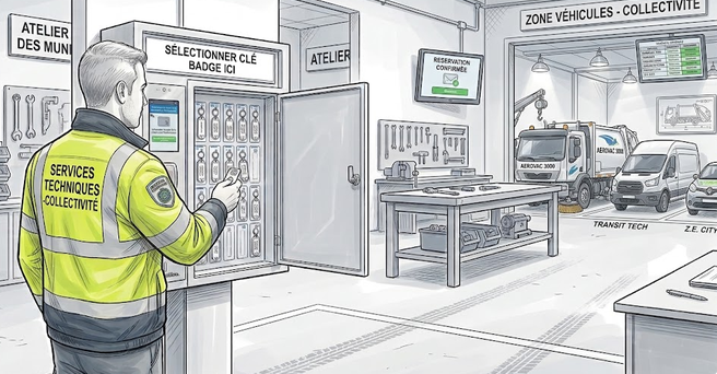 Agent public utilisant une armoire électronique ASI pour la gestion des clés du parc automobile d'une collectivité