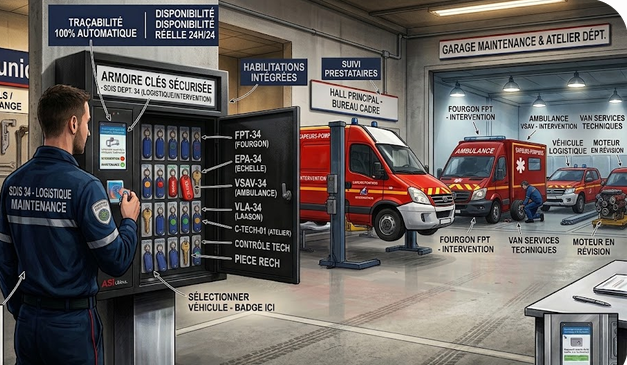 Armoire à clés électronique ASI dans un atelier de maintenance et caserne SDIS