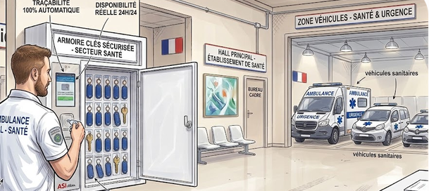 Armoire électronique ASI pour la gestion des clés de véhicules de santé et d'urgence.