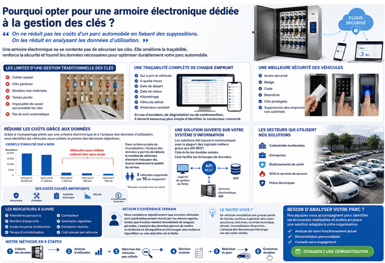 Infographie montrant comment une armoire électronique de gestion des clés permet de réduire les coûts d'un parc automobile grâce à l'analyse des données d'utilisation.