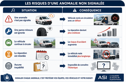 Conséquences d'une anomalie de véhicule non signalée sur la sécurité et les coûts d'une flotte automobile.